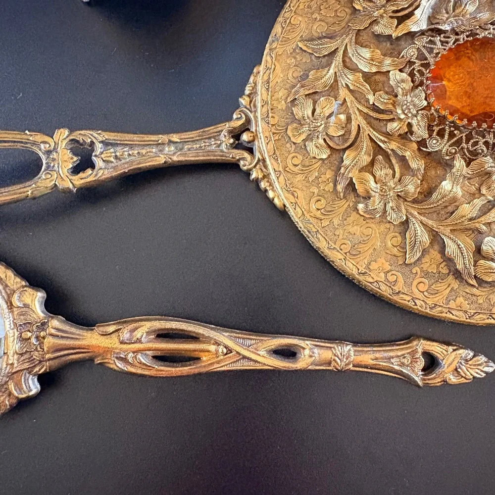 Antique vanity set trinkets case hand mirror‎ brush cup 4 pc amber glass